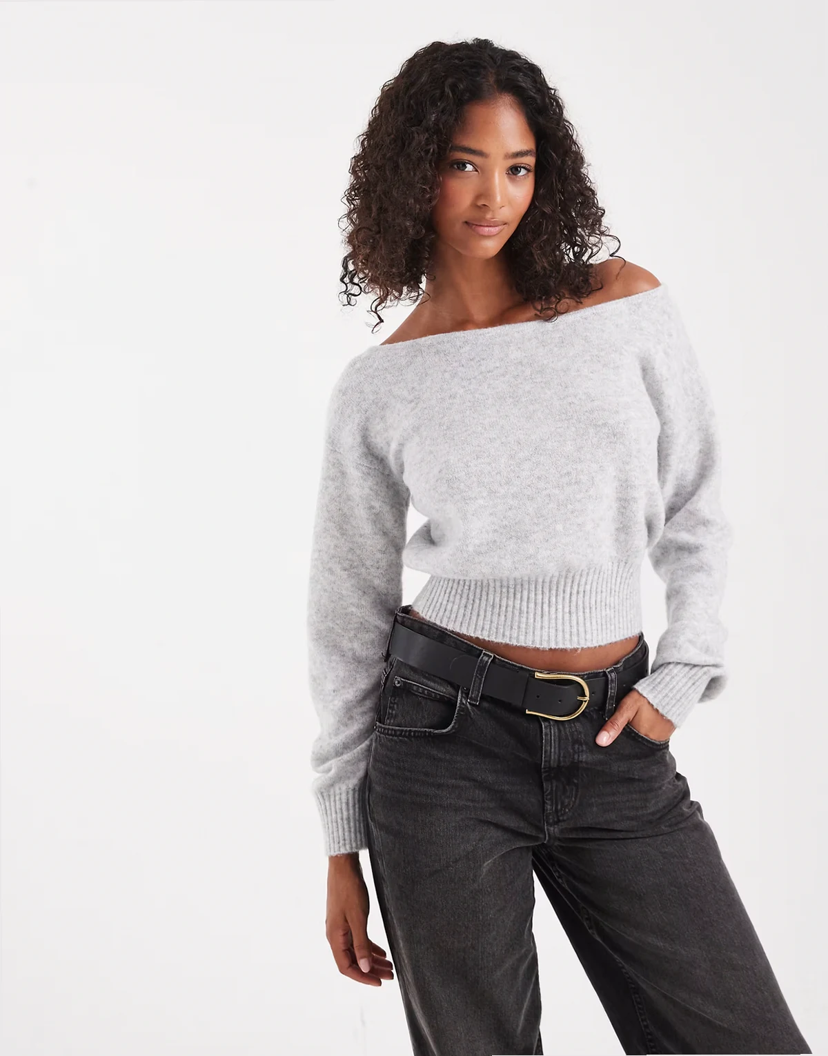 Luxe – Szary melanżowy sweter z odkrytymi ramionami