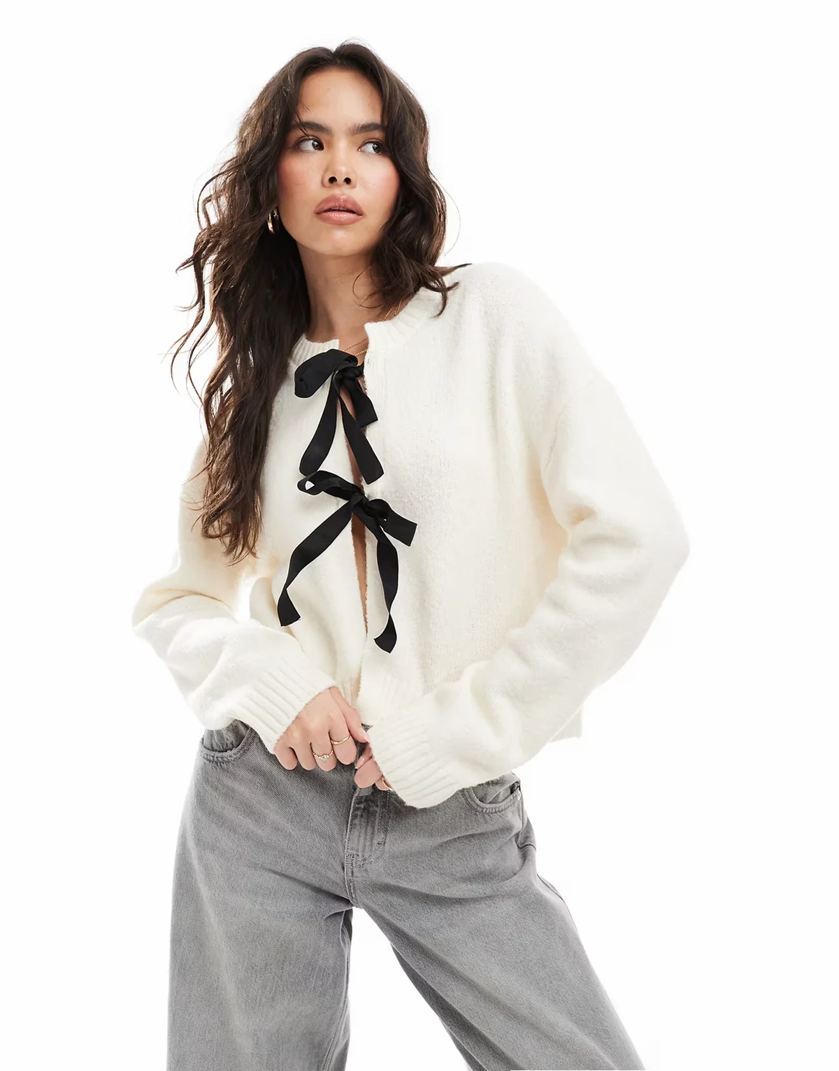 cropped cardigan with black ribbon ties in cream