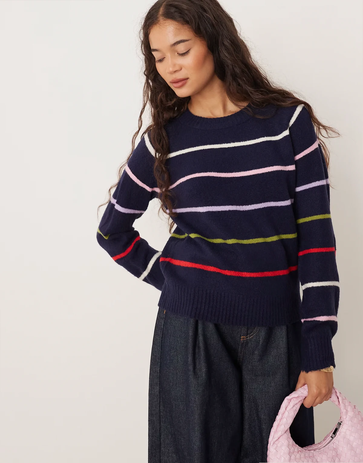 knit crew neck sweater in navy with multi stripe