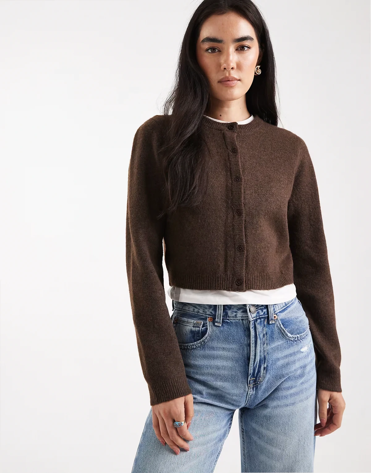 crew neck cardigan in brown