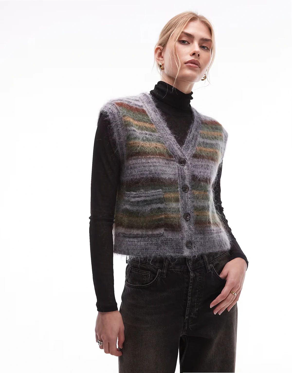 – Gestricktes, flauschiges Westen-Tanktop aus Mohair und Wolle mit mehrfarbigen Streifen