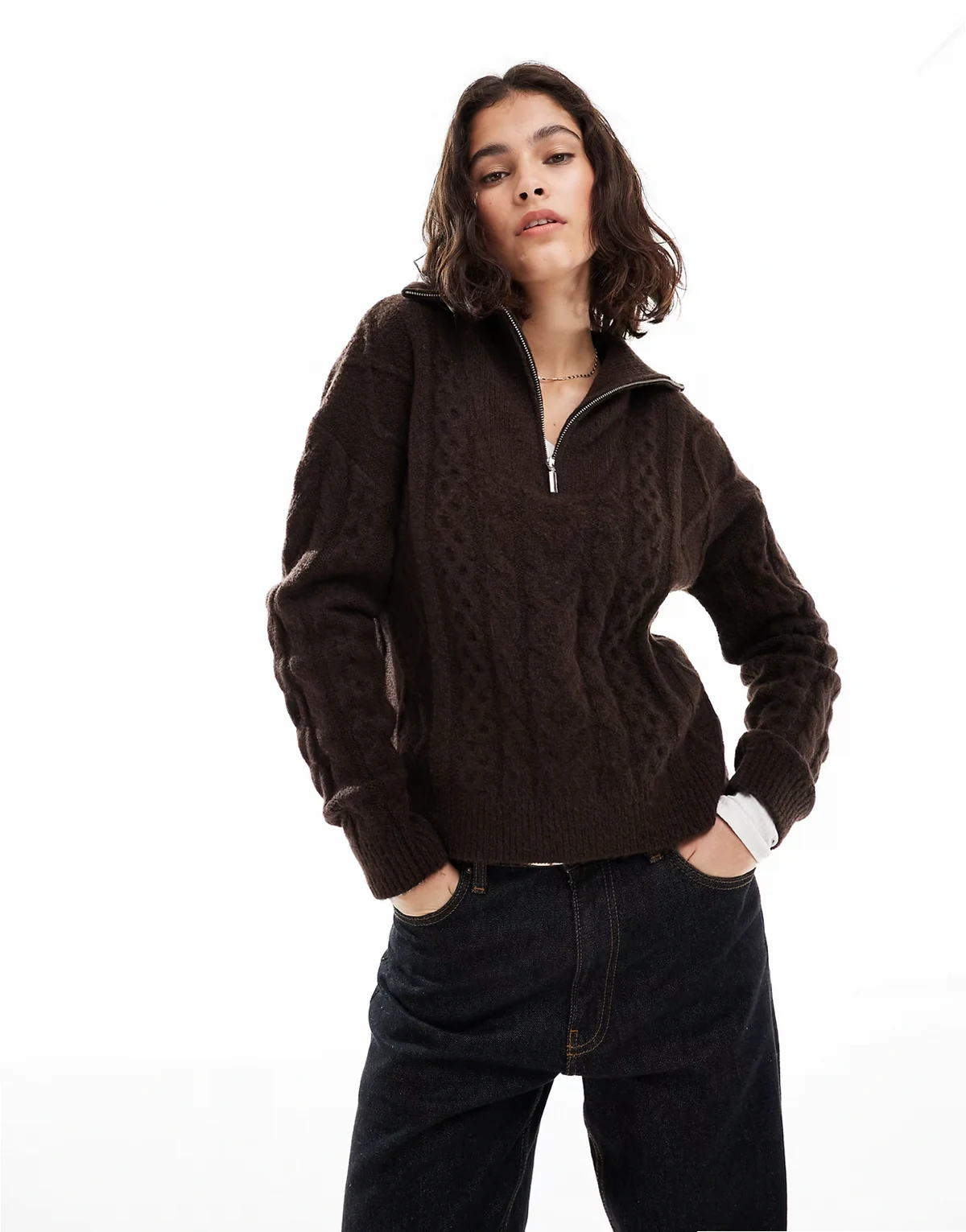 half zip cable knit sweater in brown