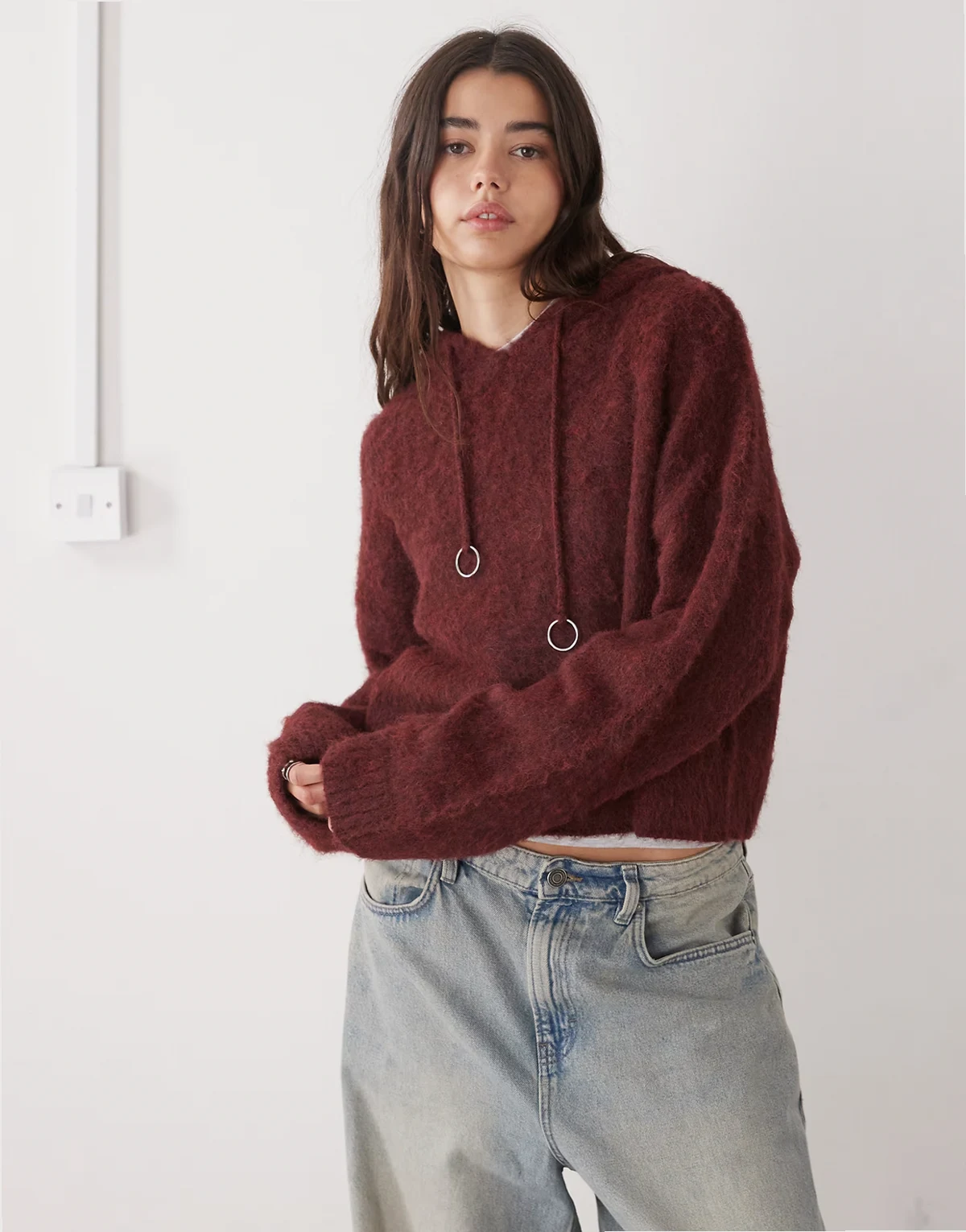 fluffy cropped sweater in maroon