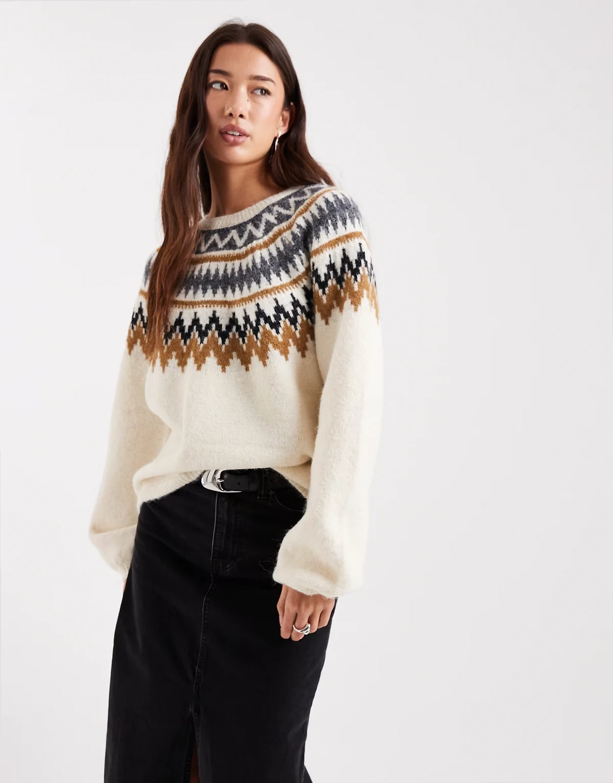 – Norwegerpullover in Beige mit Ballonärmeln