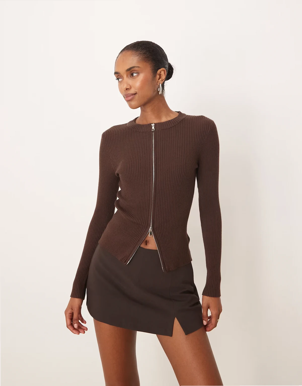 Liano ribbed long sleeve zip up cardigan in brown