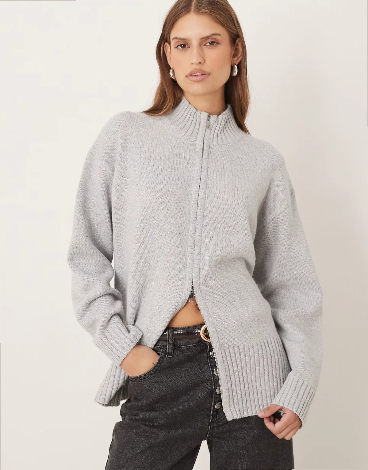 double ended zip knit cardigan in gray