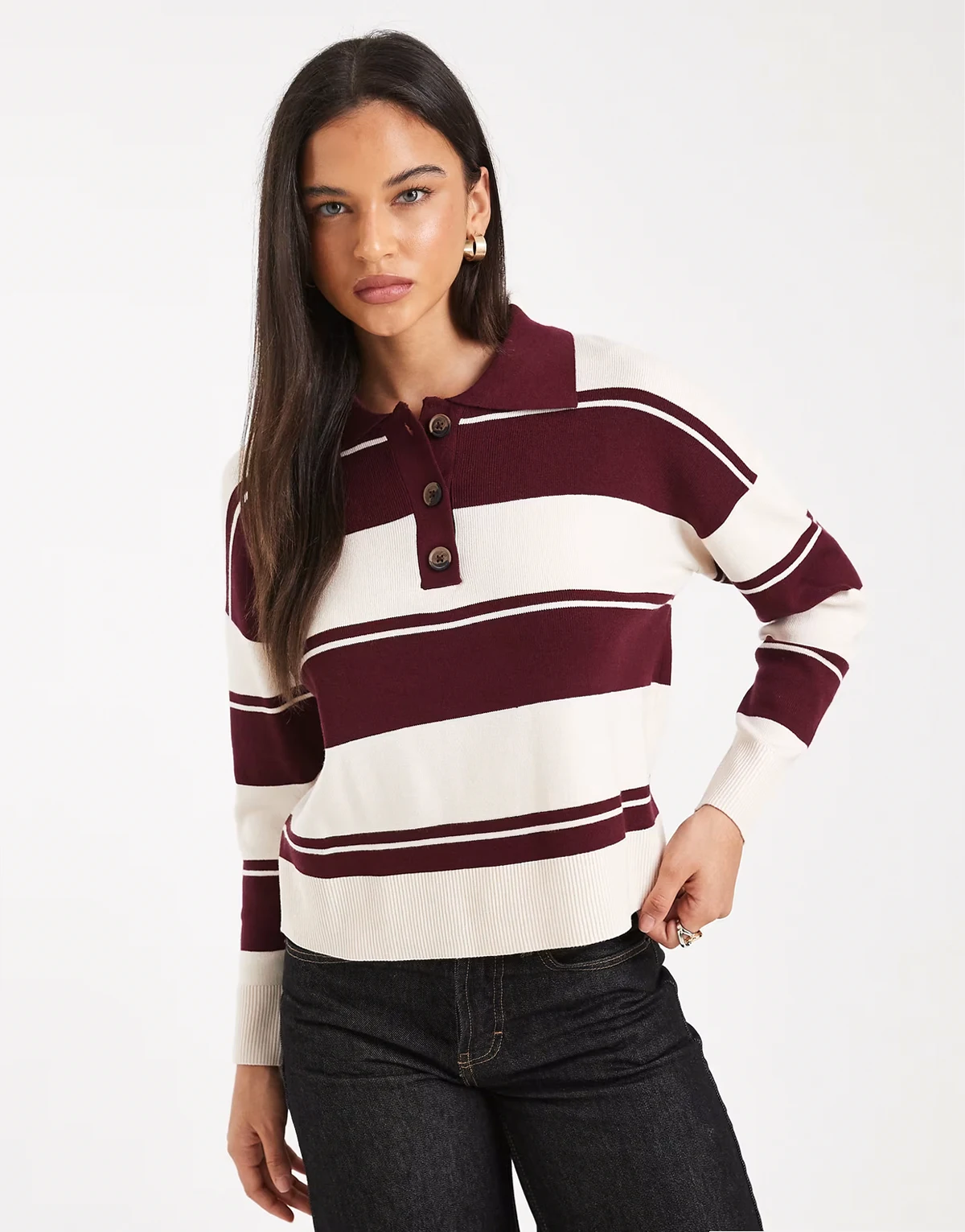 rugby knit polo sweater in burgundy and ivory stripe