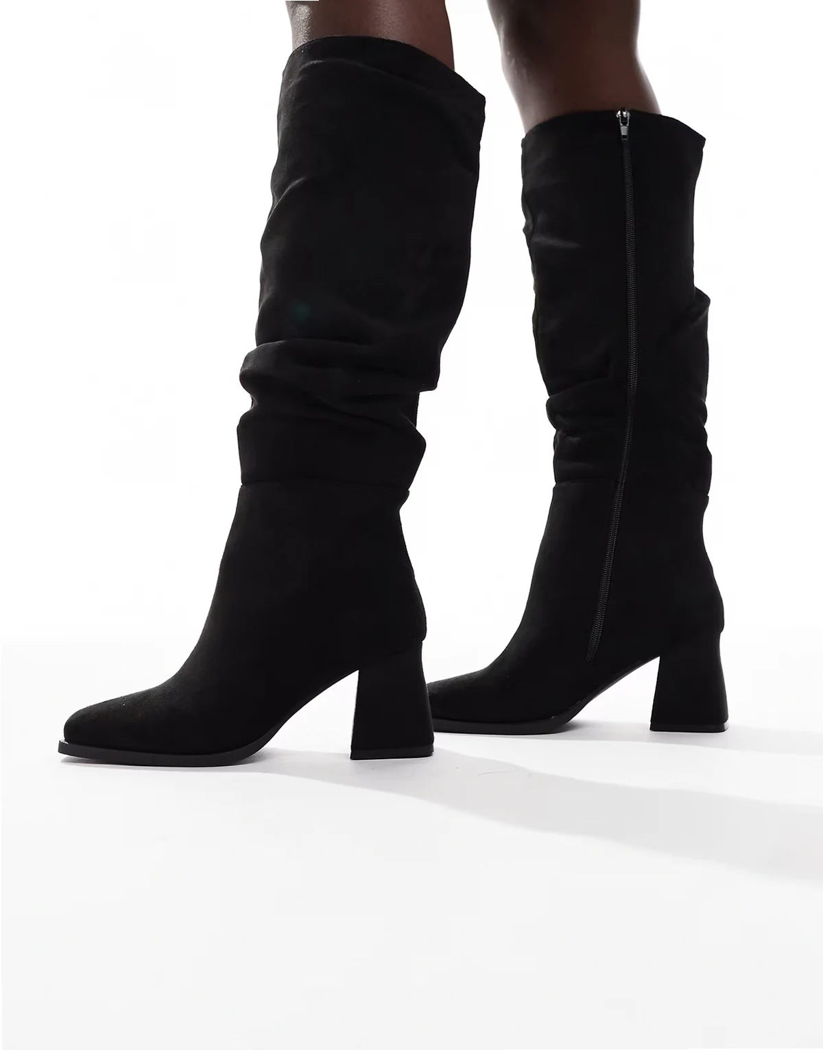 Fished slouchy block heel knee boots in black