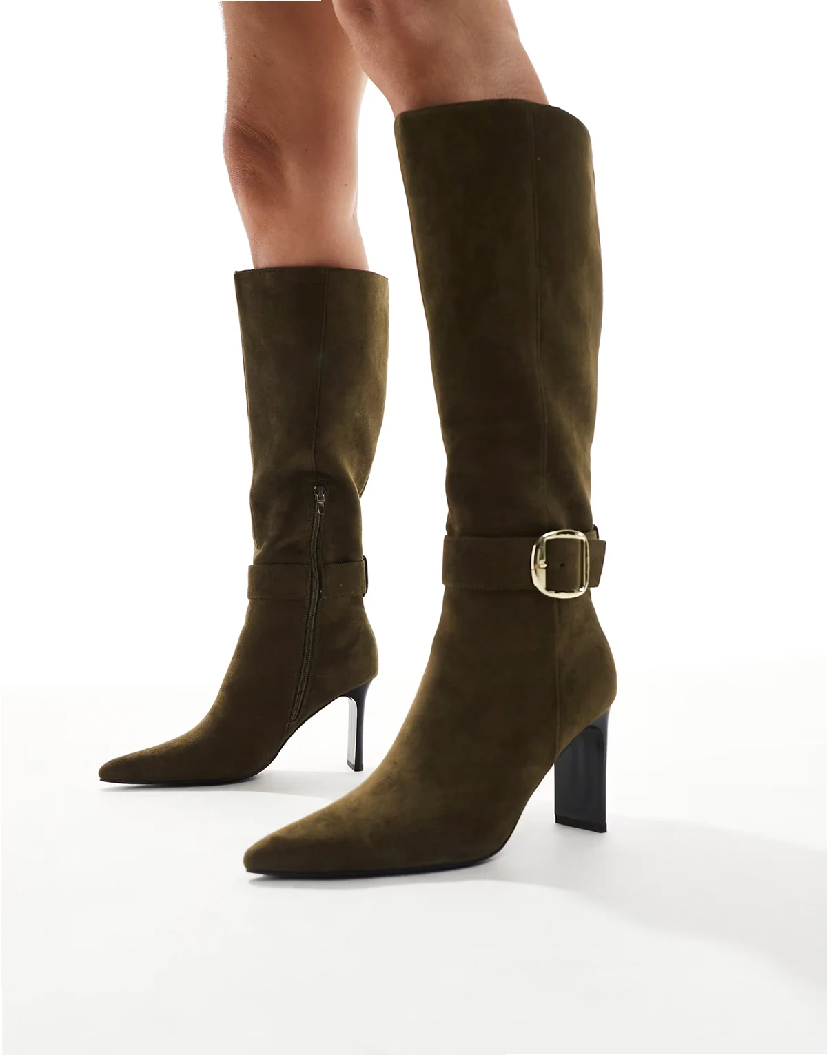 Leah kitten heel knee boots with buckle details in olive