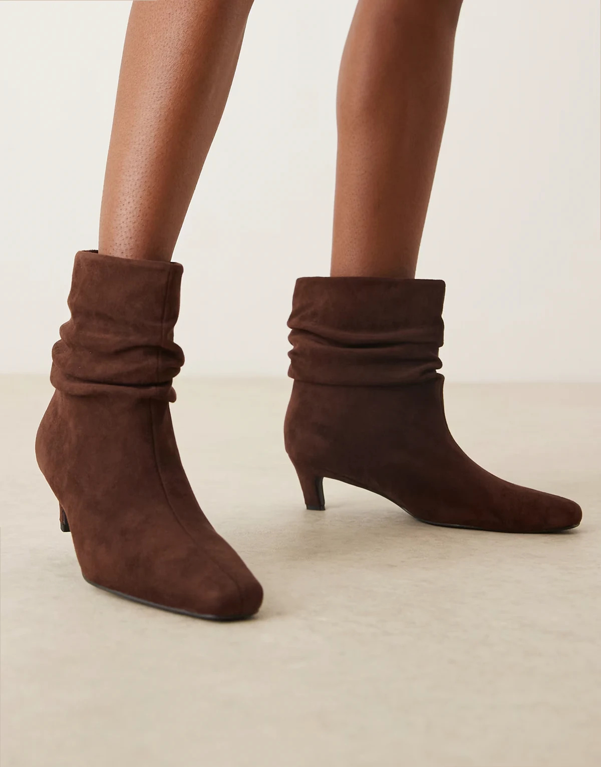 kitten heel ruched mid ankle boots in brown microsuede