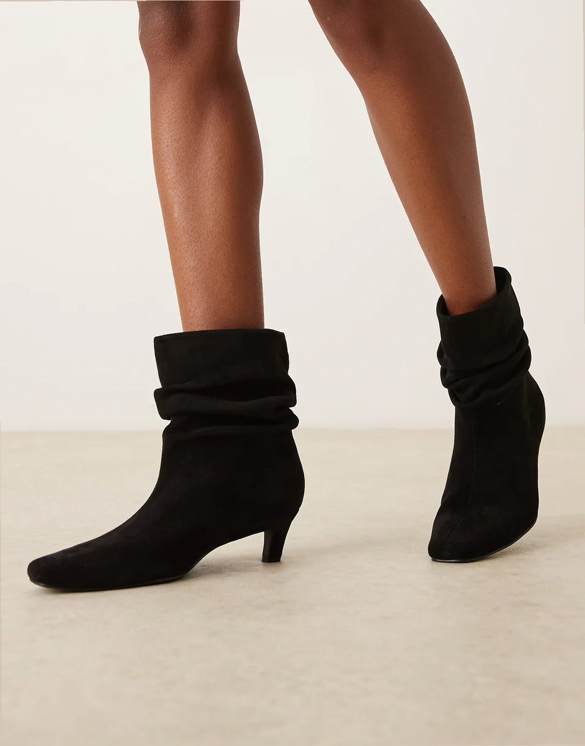 kitten heel ruched mid ankle boots in black micro