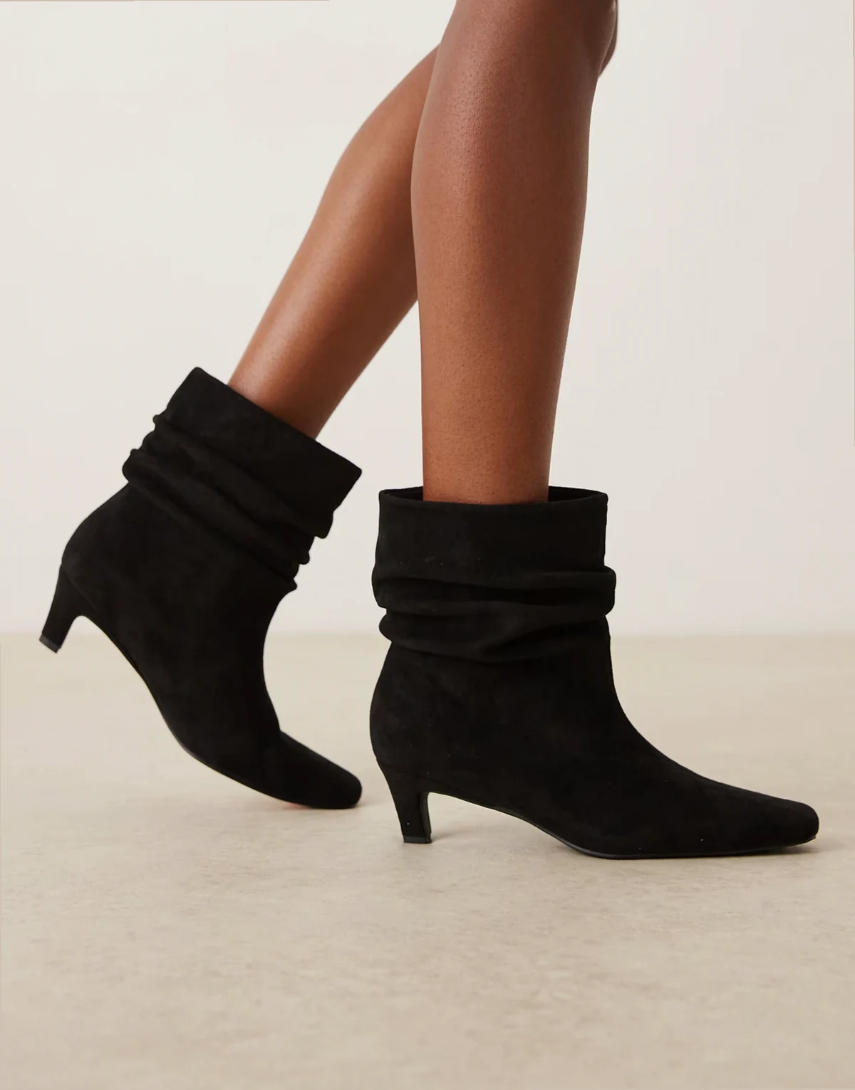 kitten heel ruched mid ankle boots in black micro