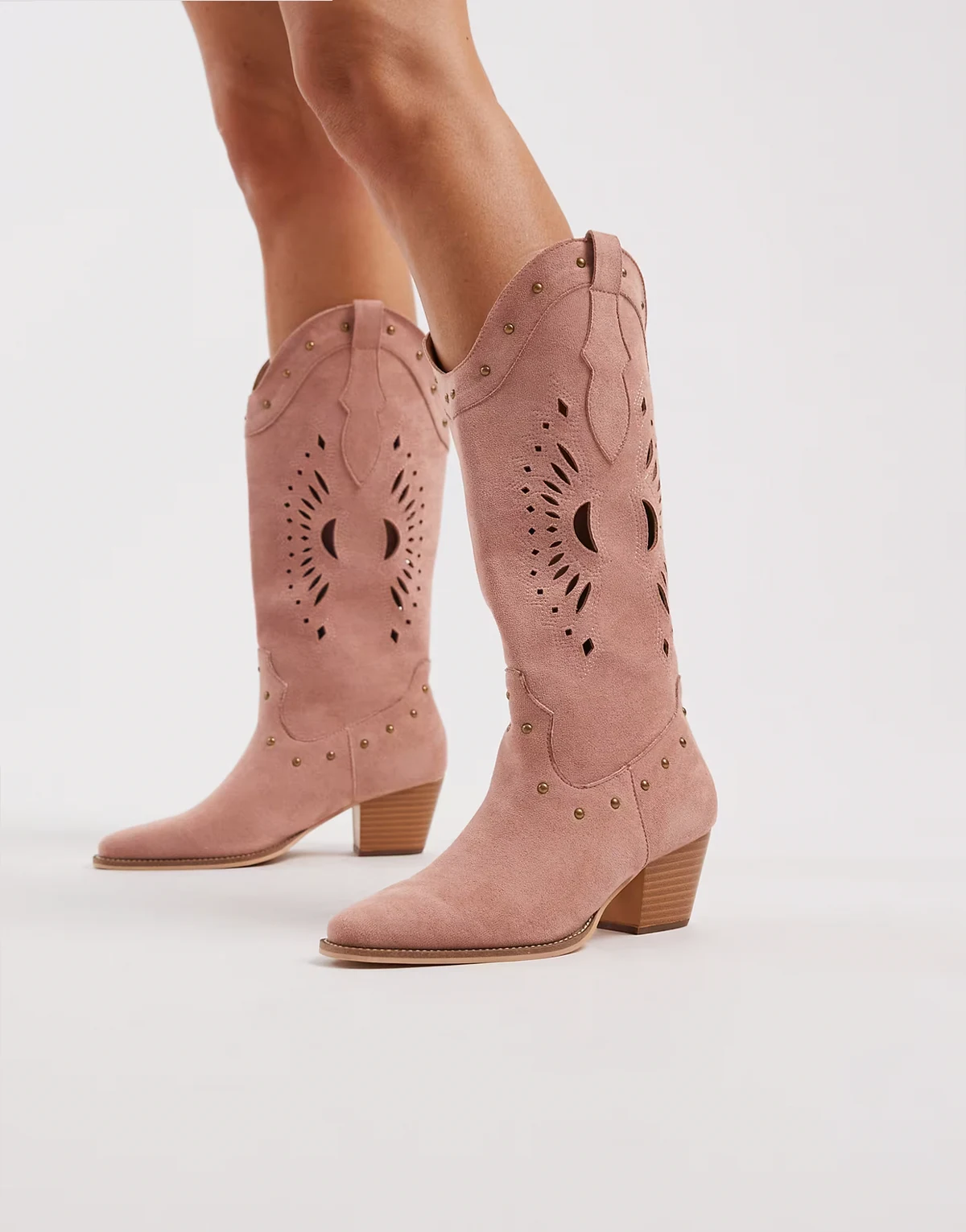 western knee boots in baby pink micro