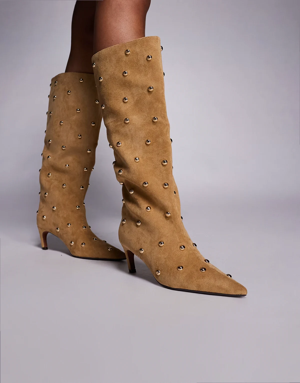 studded sudette heeled boots in beige