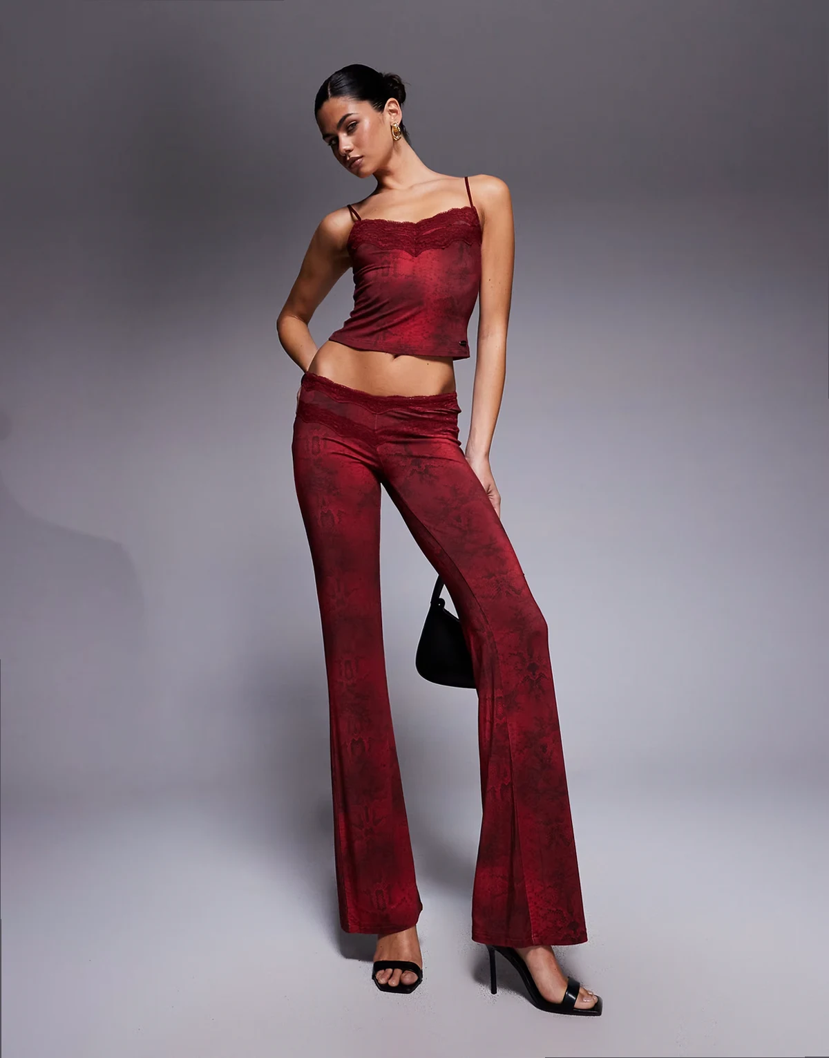 Beau lace trim v front flared pants in red print - part of a set