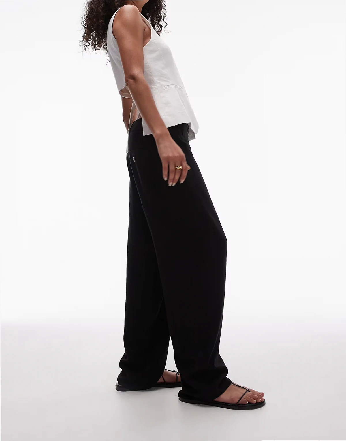 low slung linen mix button pants in black