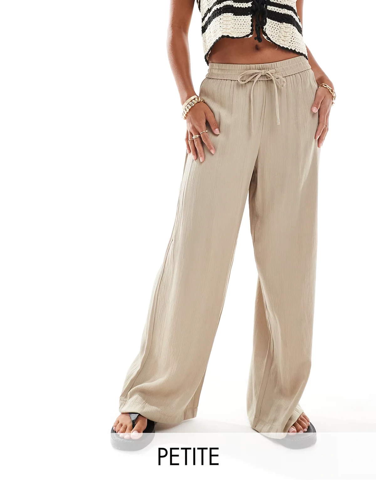 weighted plisse satin feel wide leg pants in beige