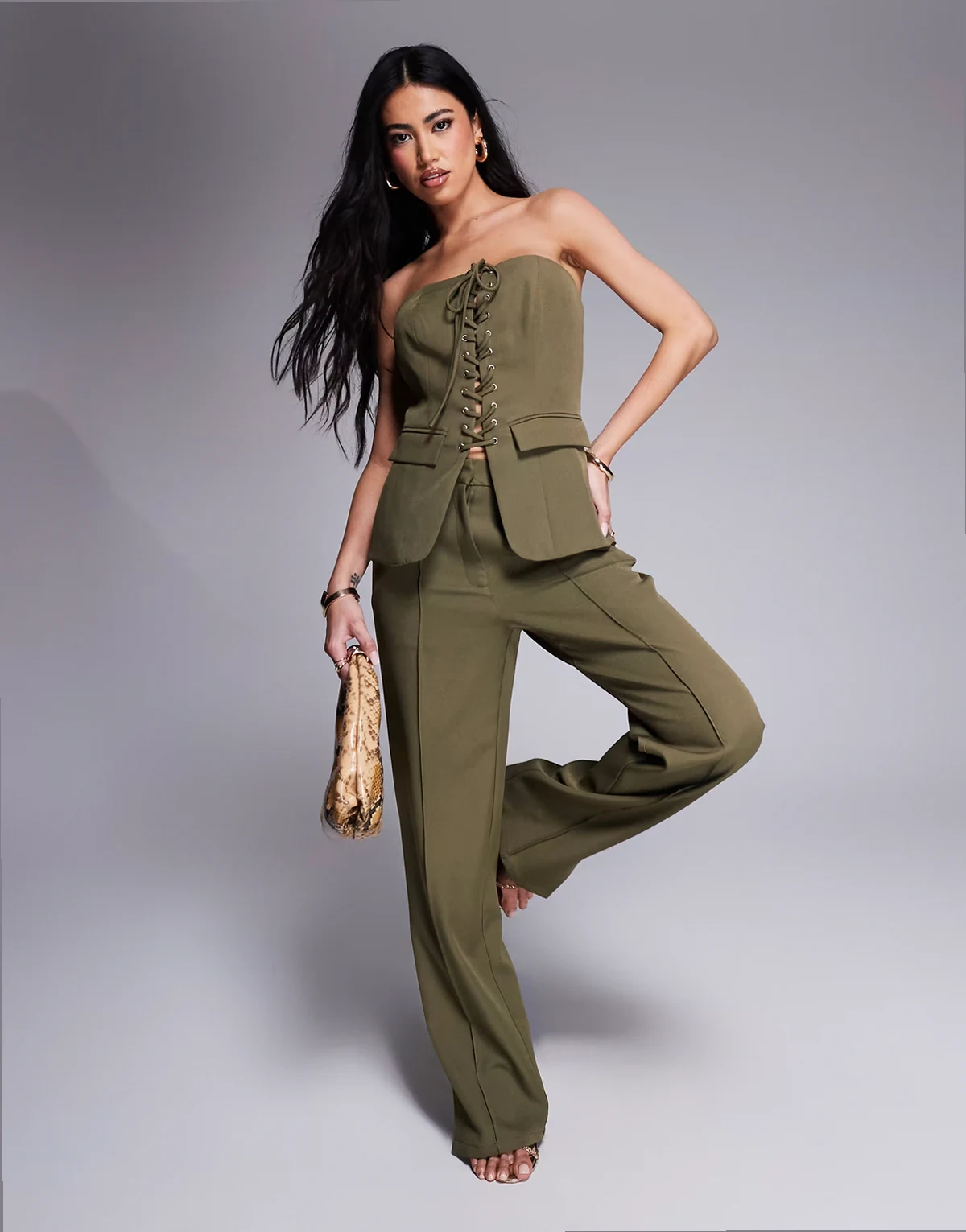 exclusive straight leg front seam pants in khaki - part of a set