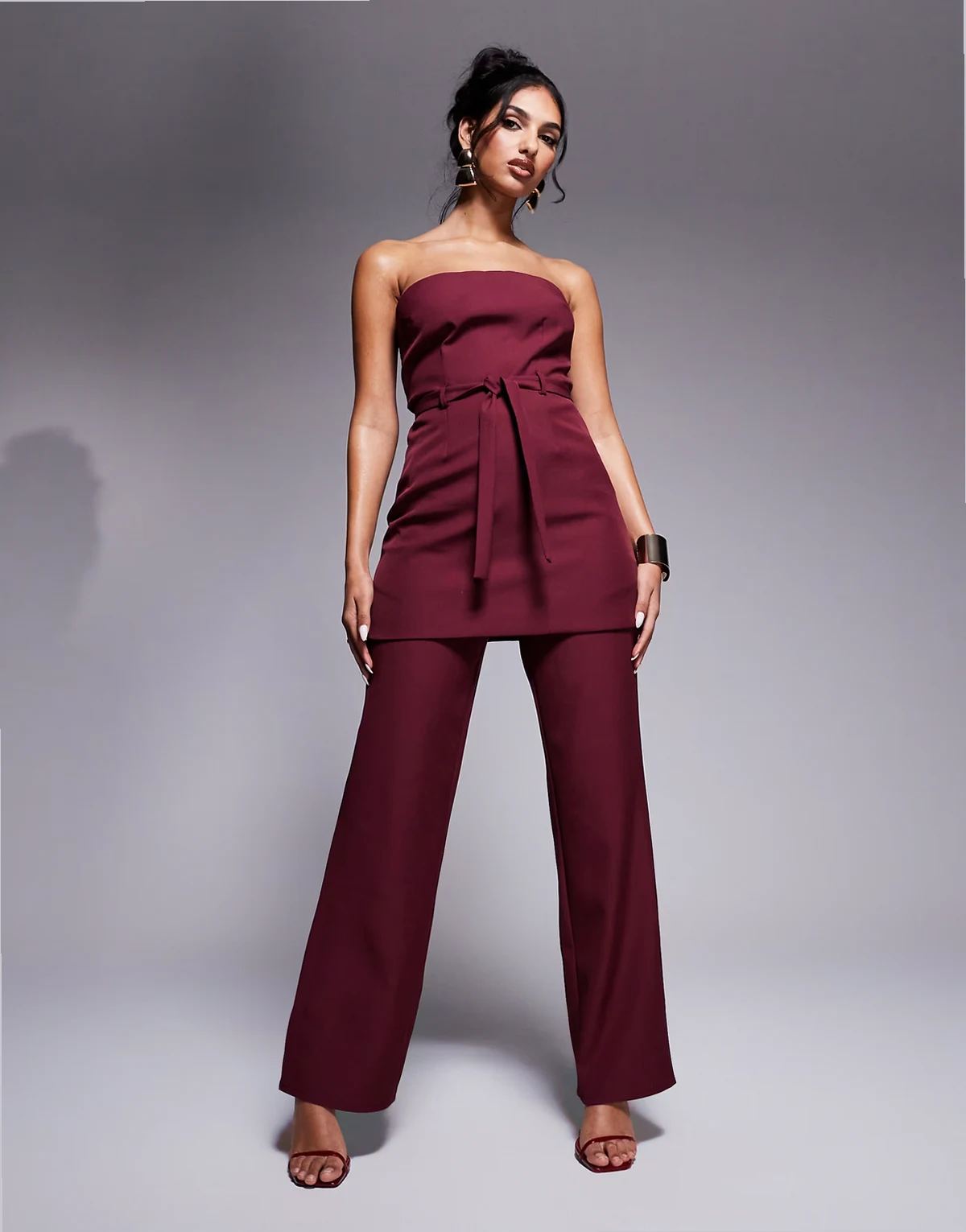 exclusive tailored tie waist wide leg pants in burgundy - part of a set