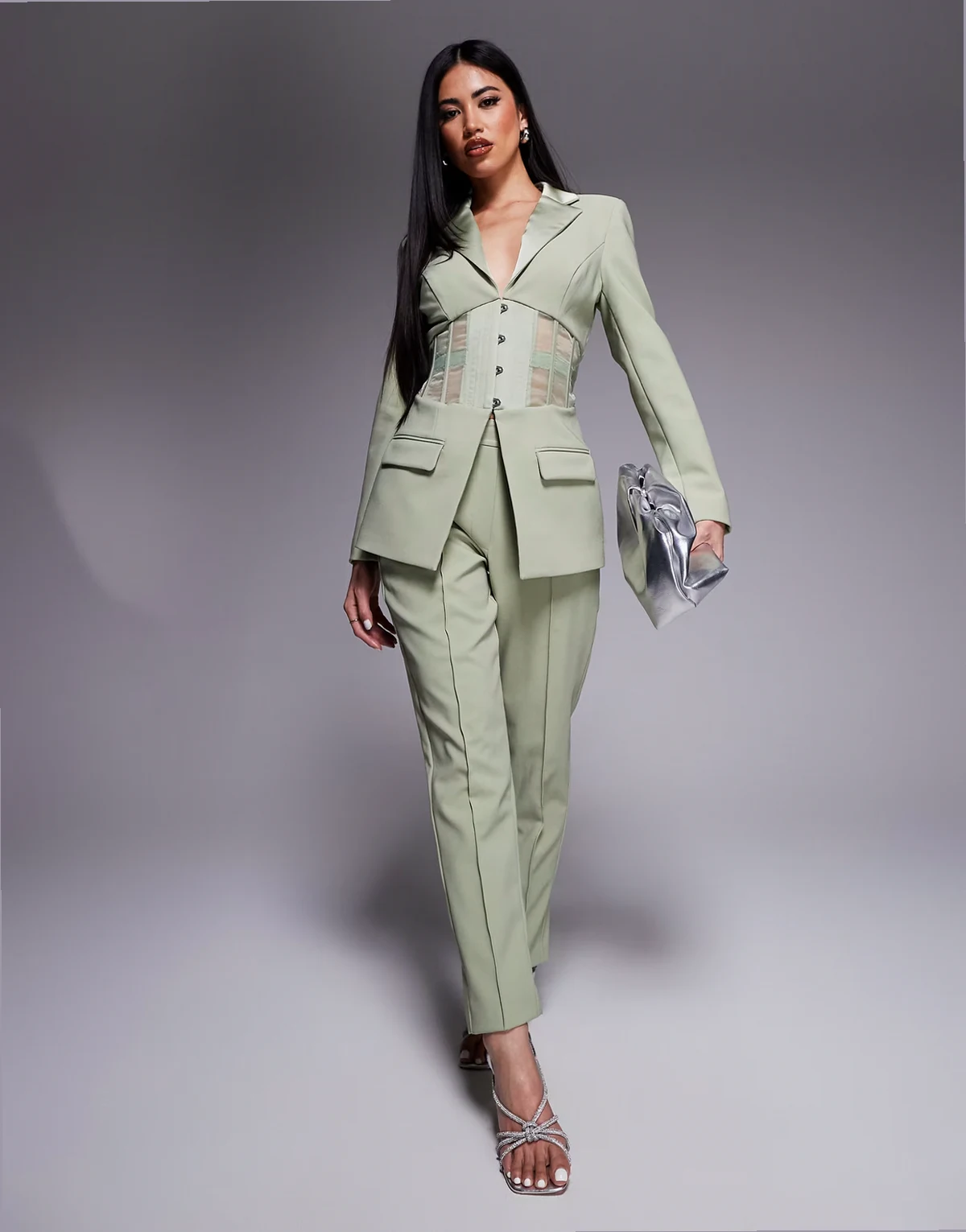 – Elegante Hose aus Satin-Mix in Salbeigrün mit mittelhohem Bund, Kombiteil