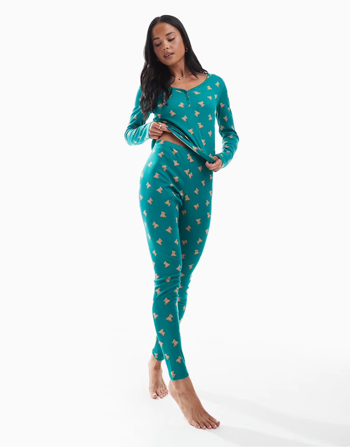 teddy print rib pajama bottom in teal