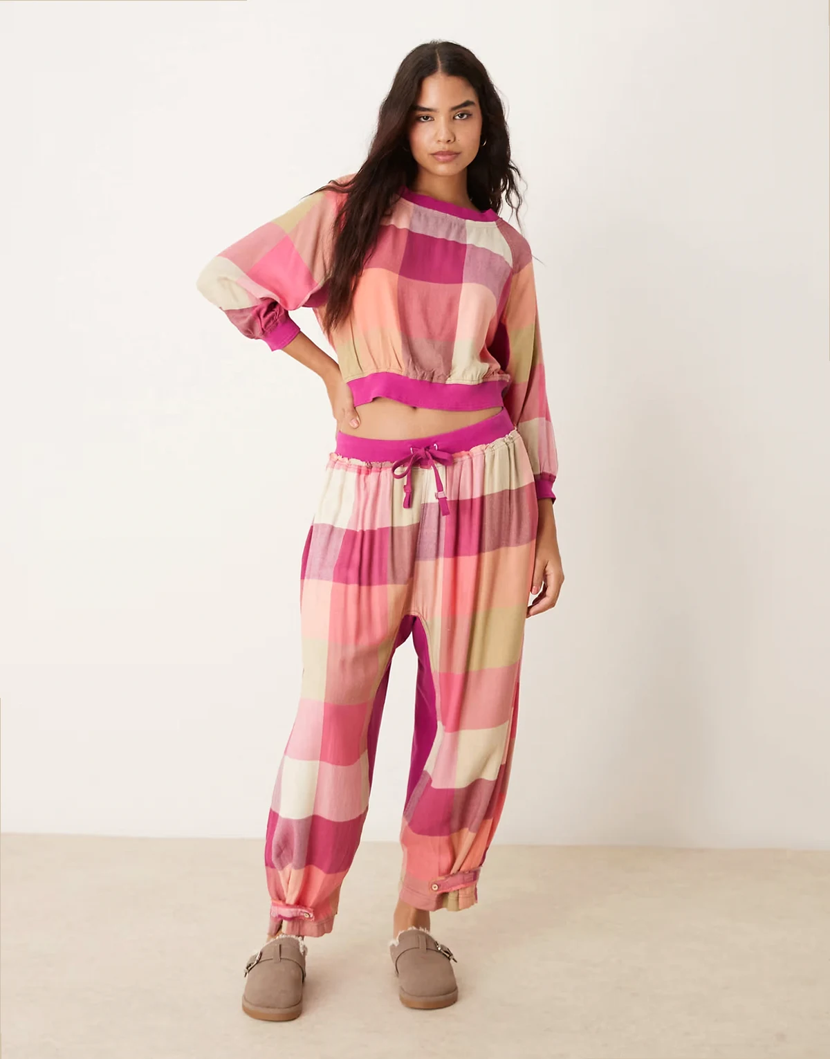 plaid flannel pajama pants in pink multi - part of a set