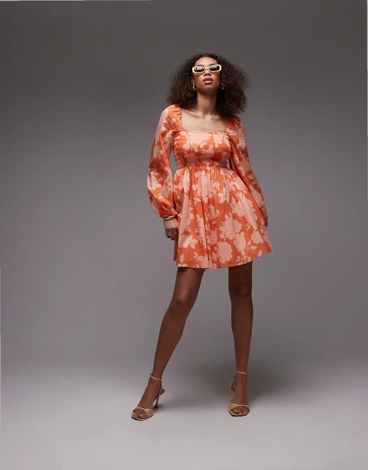 square neck shirred bodice mini dress with peep cut out back in orange floral print