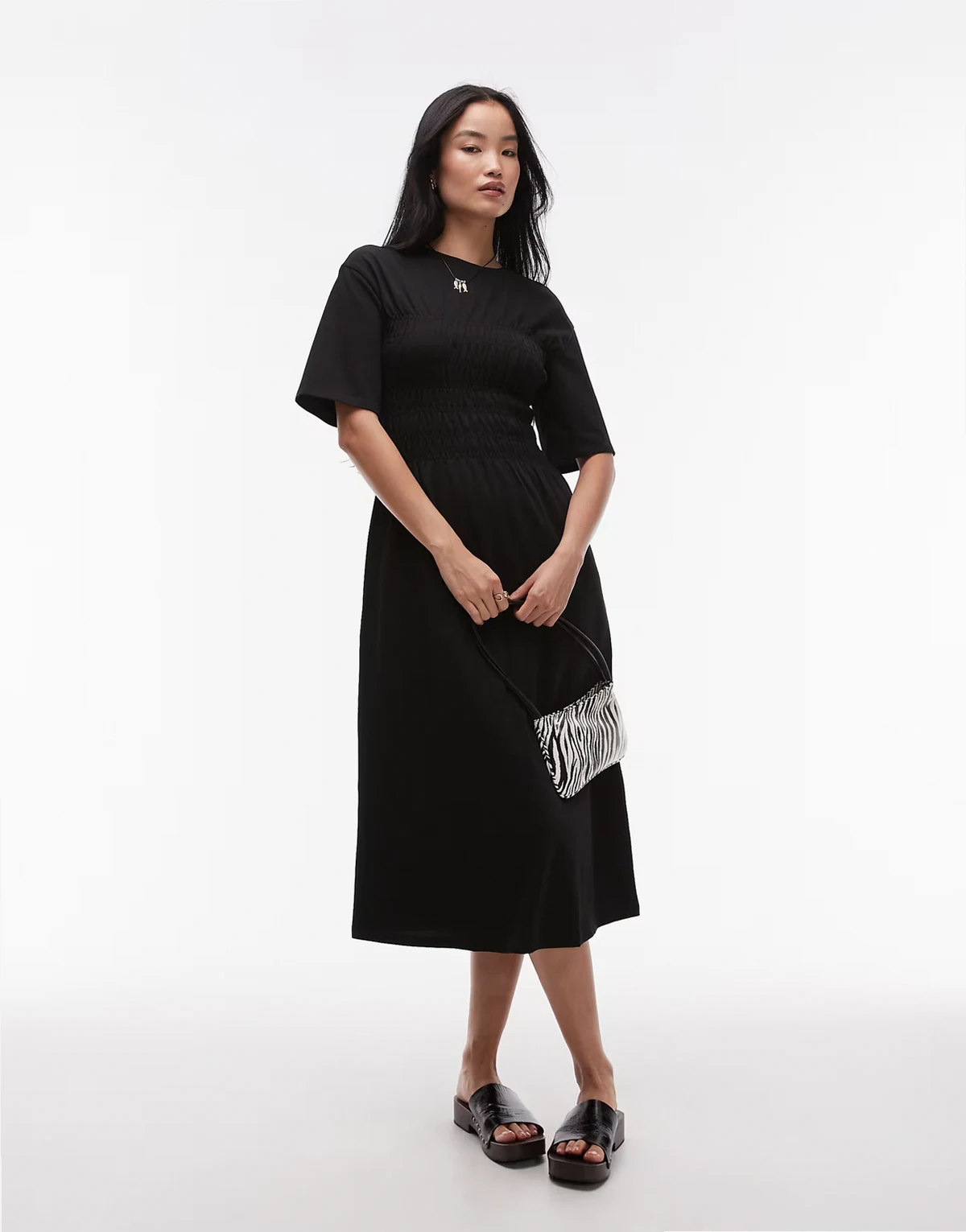 – Midaxi-Kleid aus Jersey in Schwarz mit gerafftem Korsettdetail