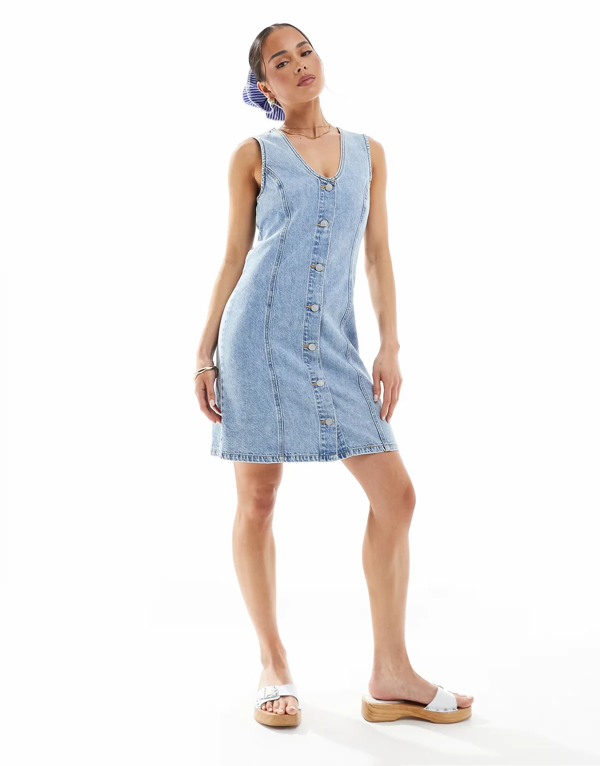 scoop neck denim dress in light blue