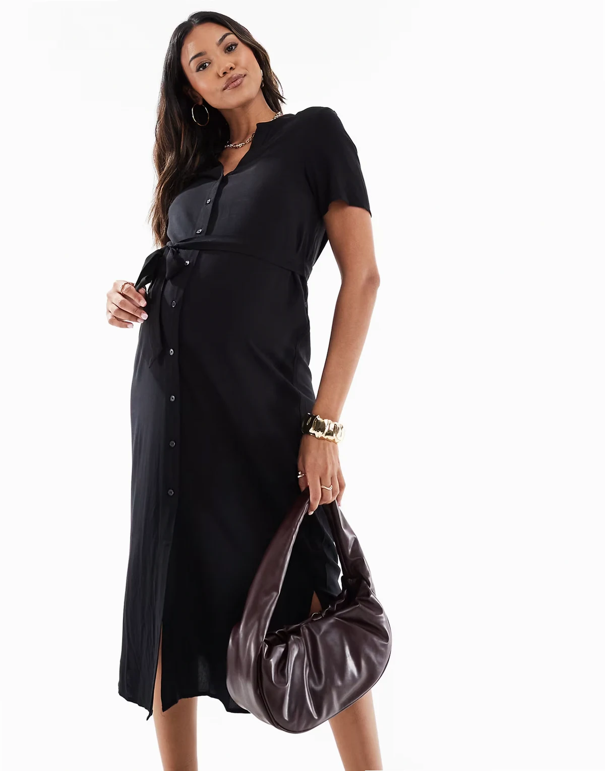 – Midi-Hemdblusenkleid in Schwarz mit Bindegürtel
