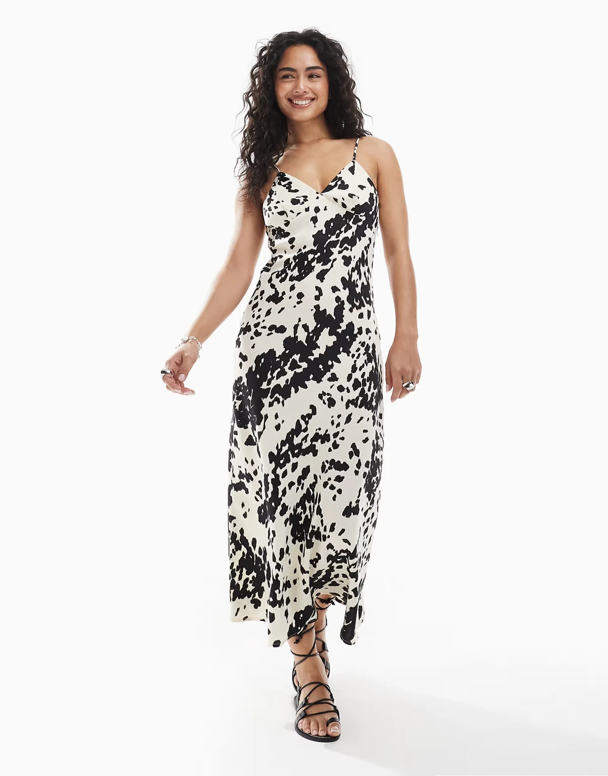 satin maxi dress with cow print in multi