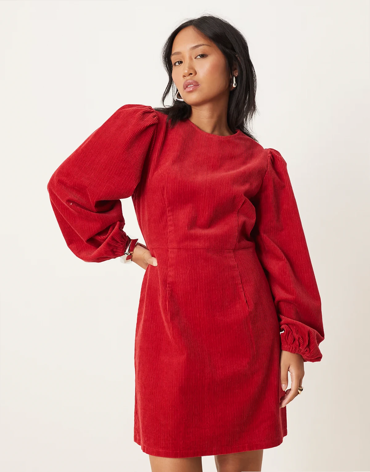 Nobody's Child Petite Peggy balloon sleeve cord mini dress in red