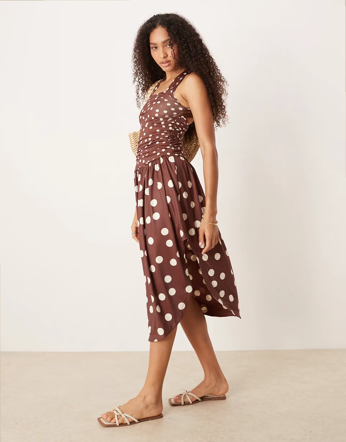 raylon midi dress in brown polka dots