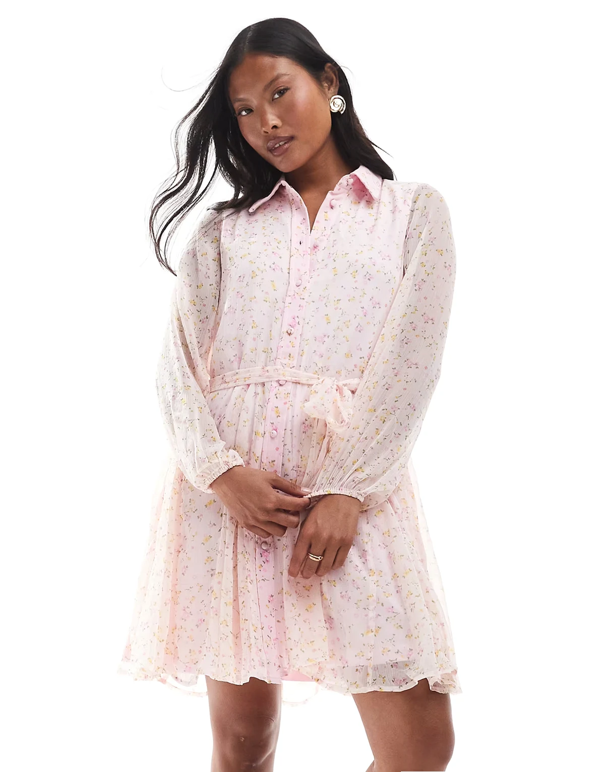 – Smilla – Schwingendes Hemdblusenkleid in Rosa mit Gürtel und Blümchenmuster