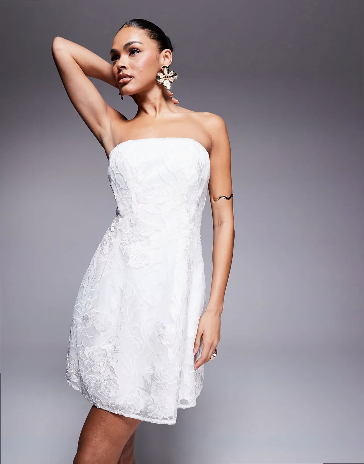 Bridal bandeau embroidered lace mini dress in ivory
