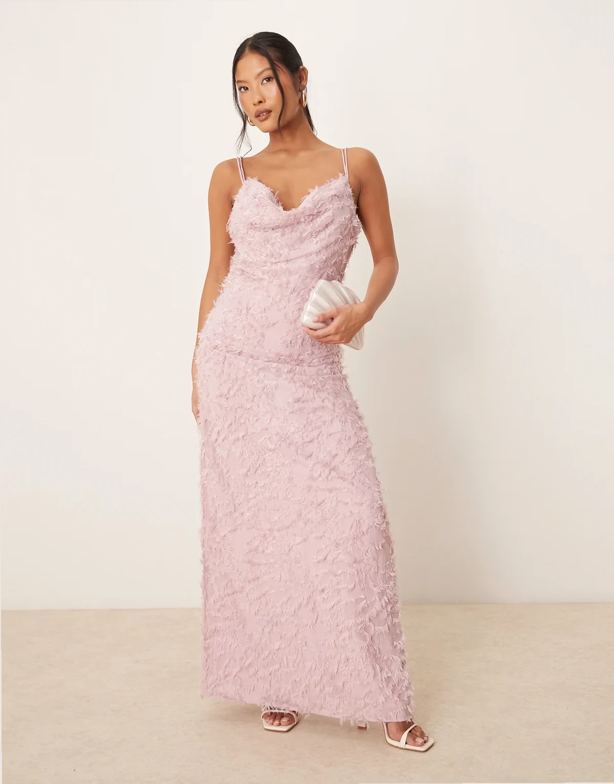 cowl neck textured cami maxi dress in rose pink