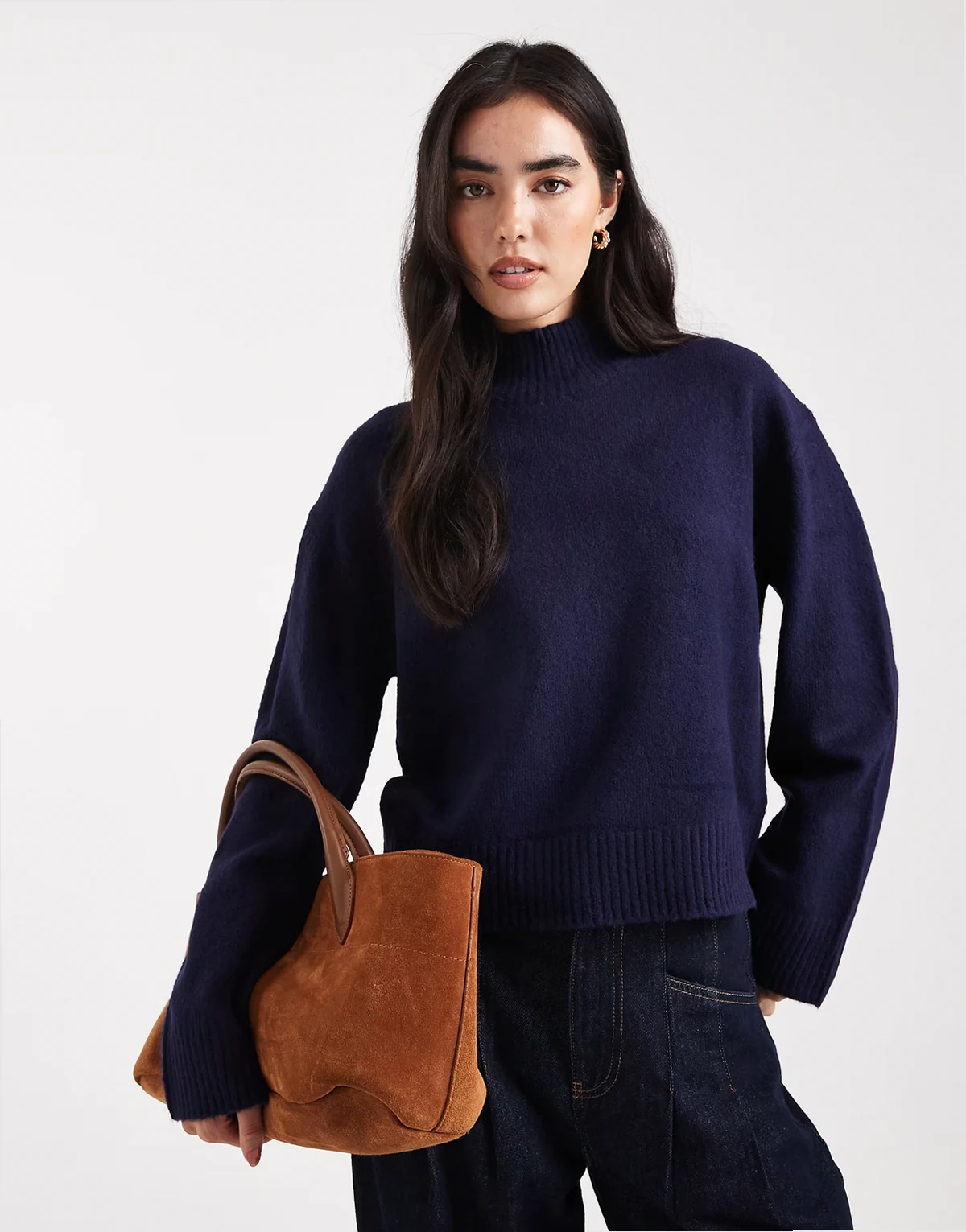 high neck knit sweater in navy
