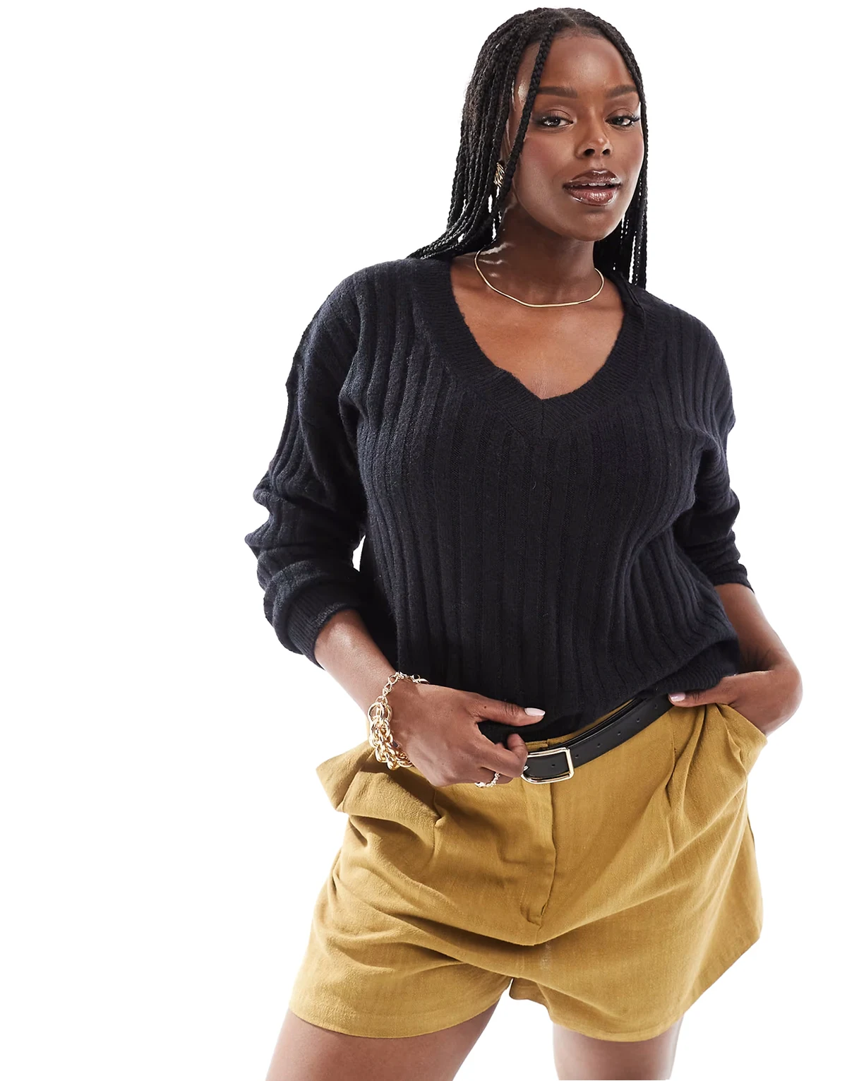 ASOS DESIGN Curve – Czarny prążkowany sweter z dekoltem w szpic