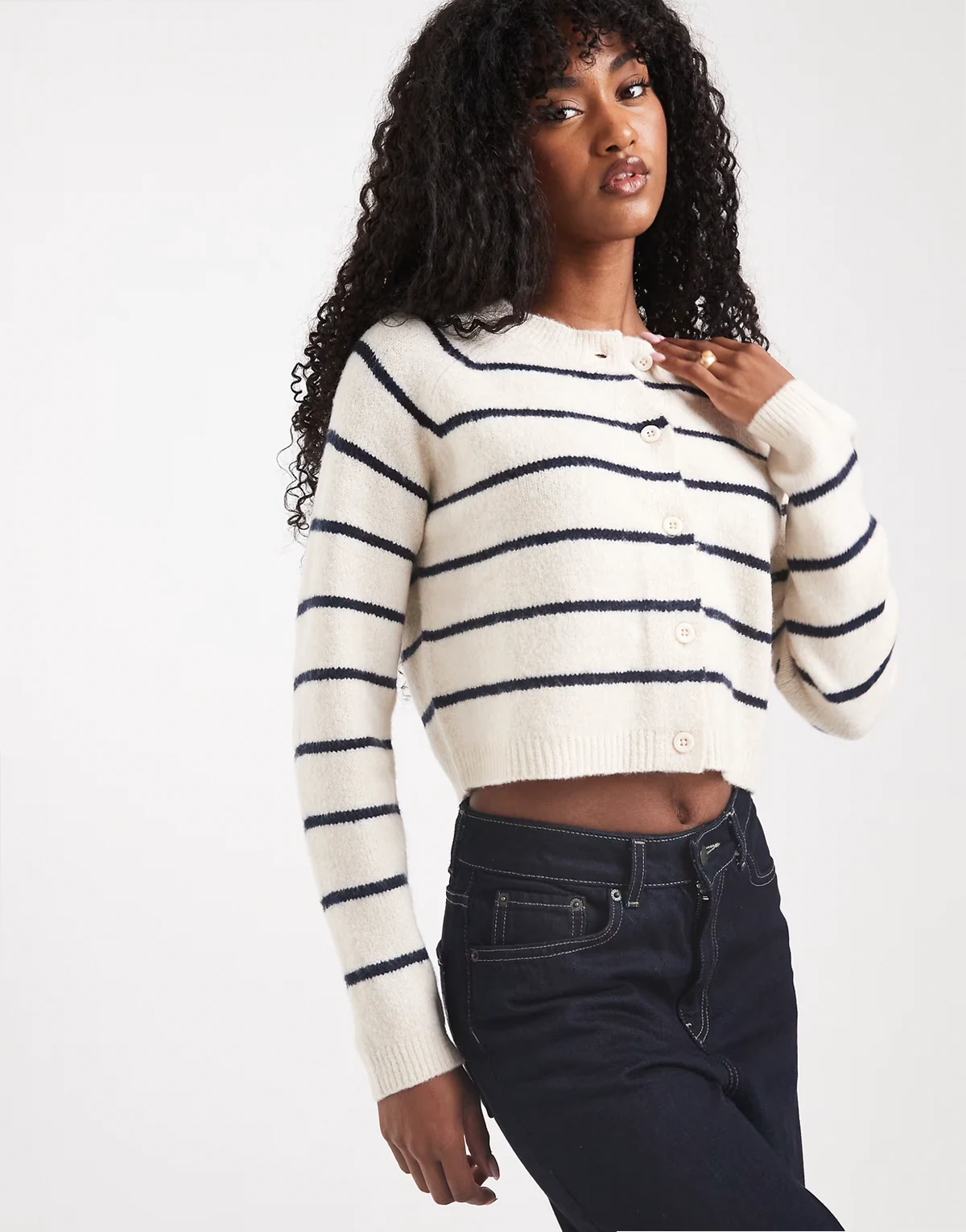 cropped cardigan in cream and navy stripe