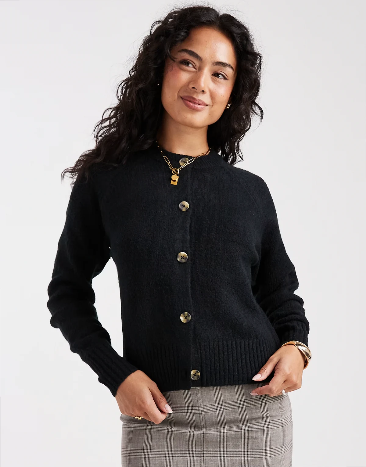 crew neck button up cardigan in black