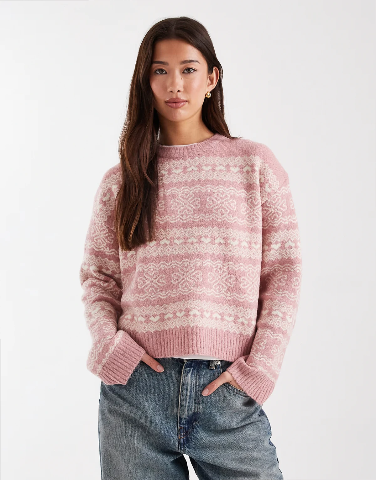 crew neck argyle knit sweater in pink