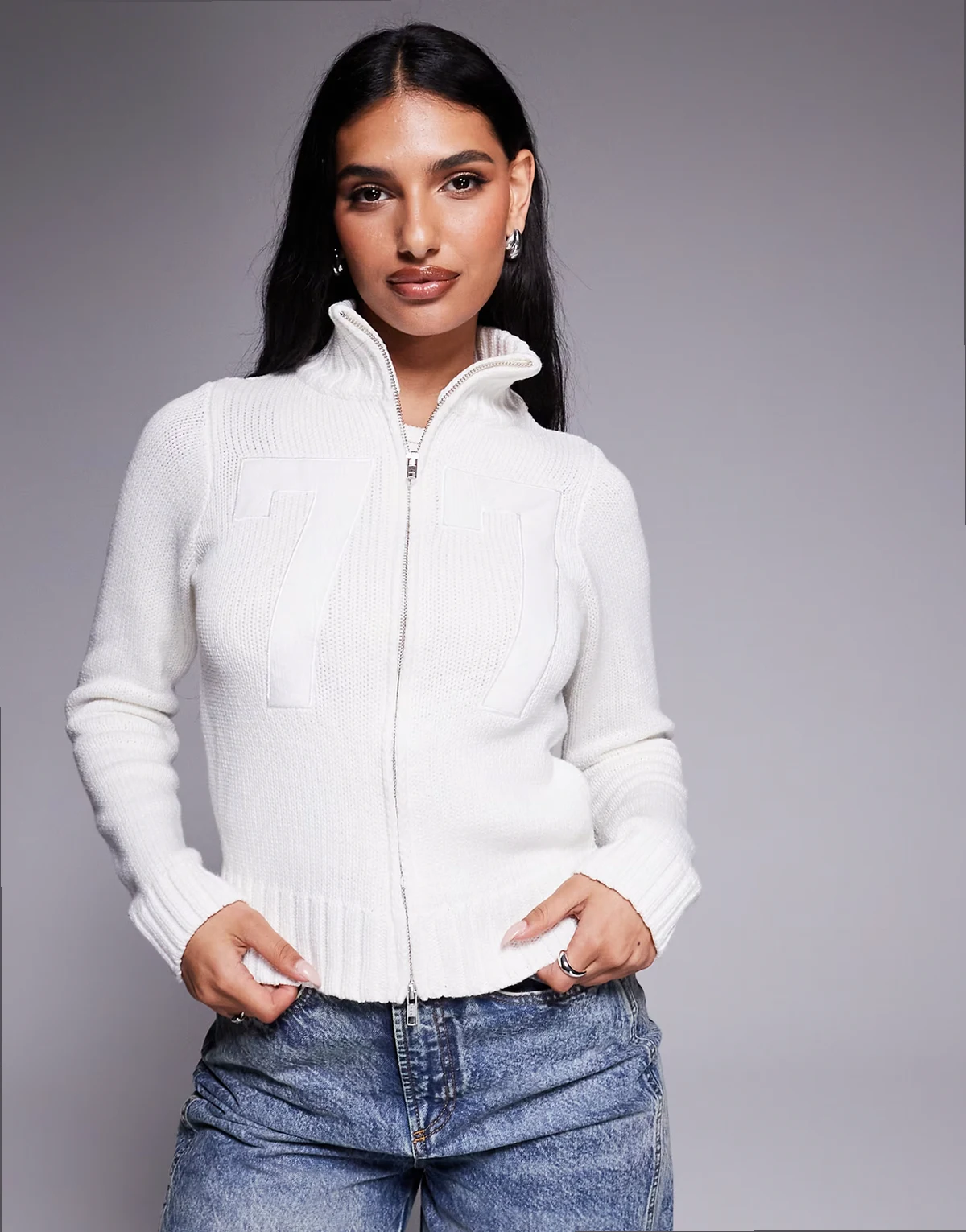 ribbed knit high neck zip up cardigan in white