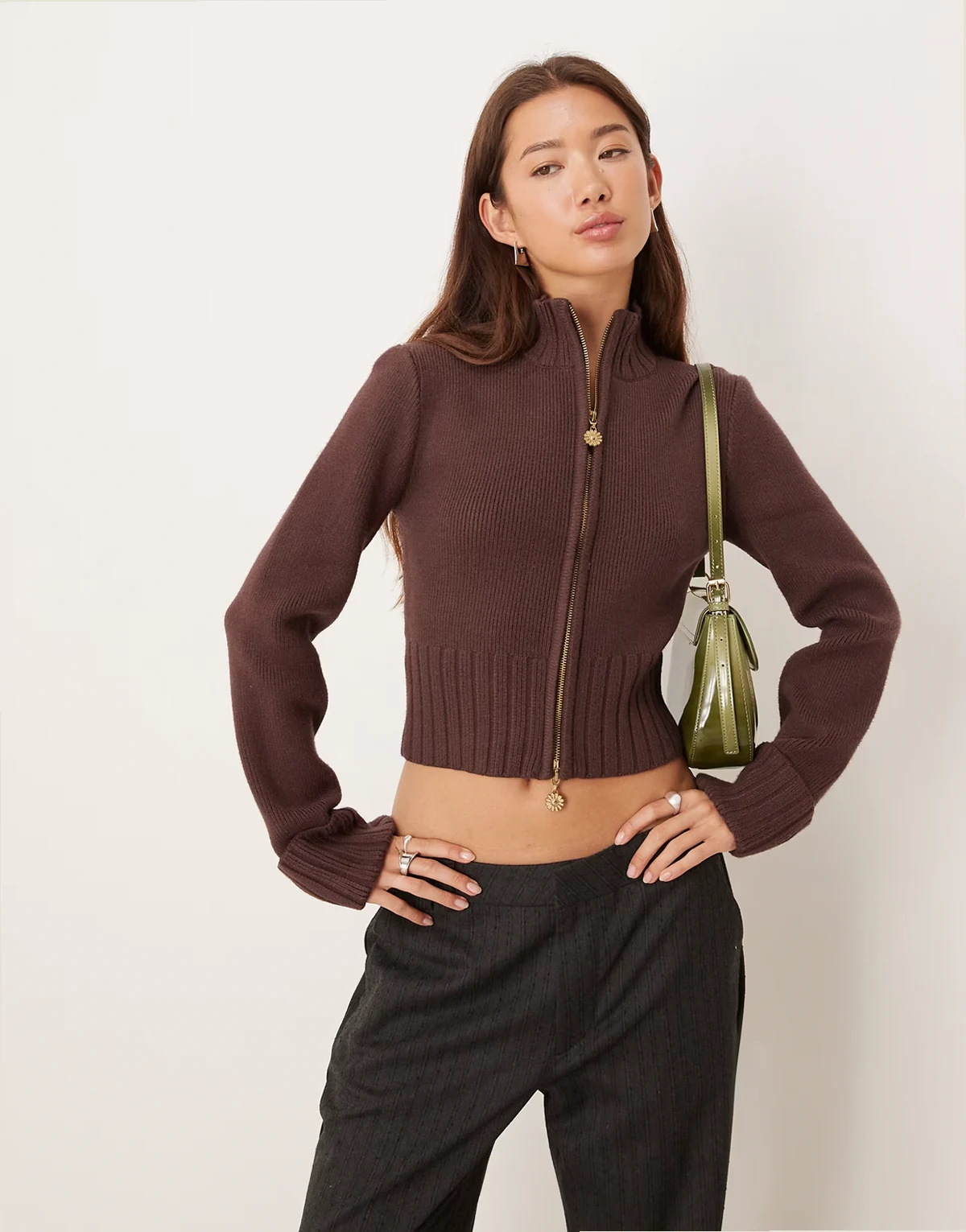 zip up sweater in rosewood brown