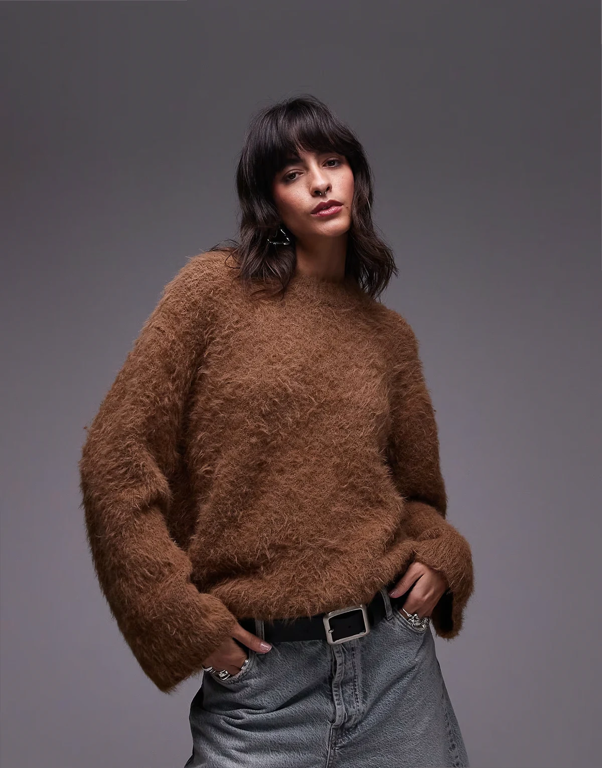 knitted ultra fluffy oversized sweater in toffee
