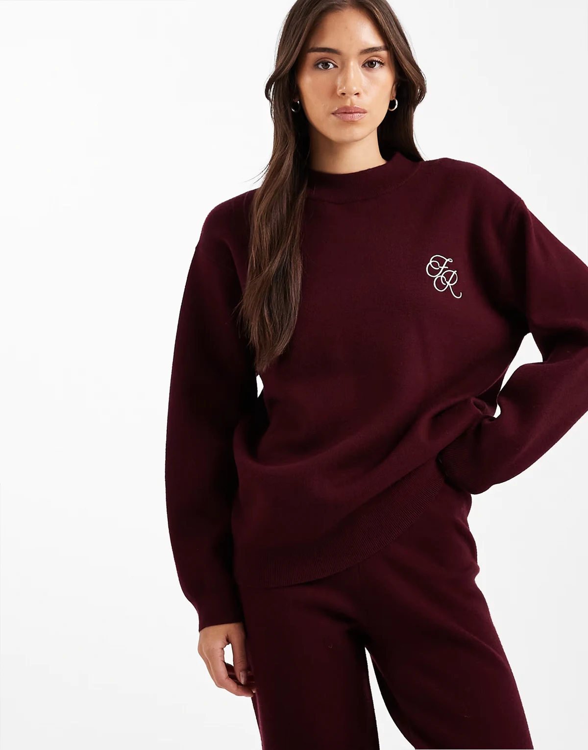 knit embroidered logo detail sweater in burgundy - part of a set