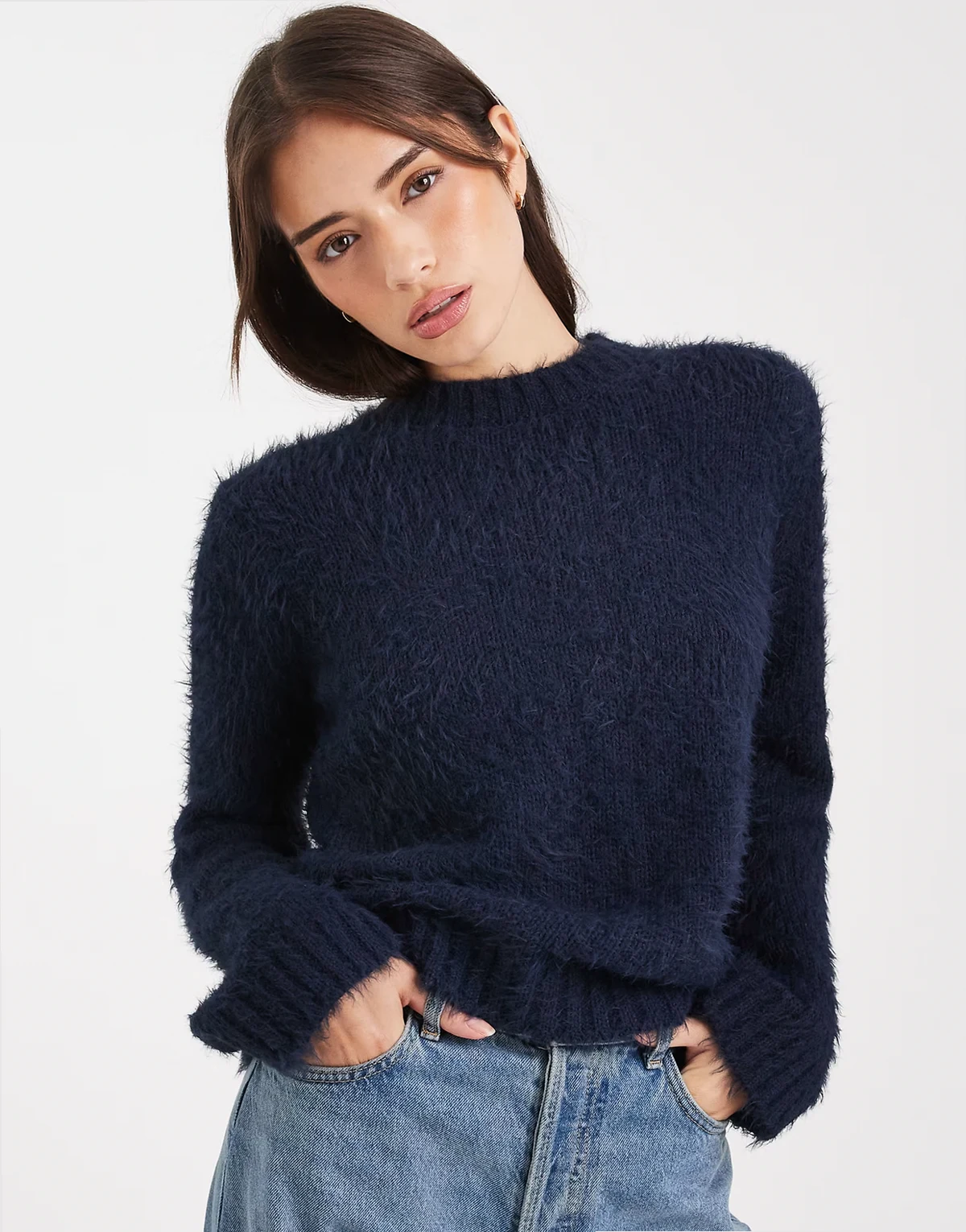 crew neck fluffy soft touch sweater in navy