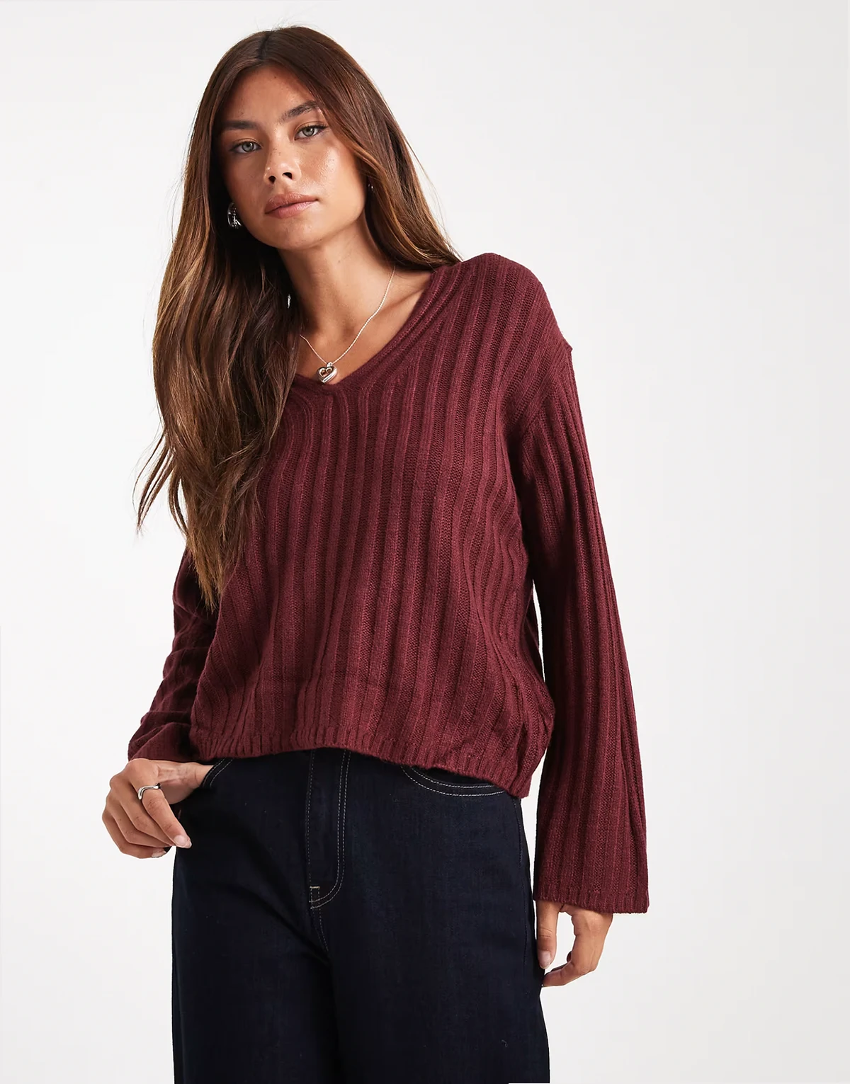 ribbed V-neck sweater in burgundy