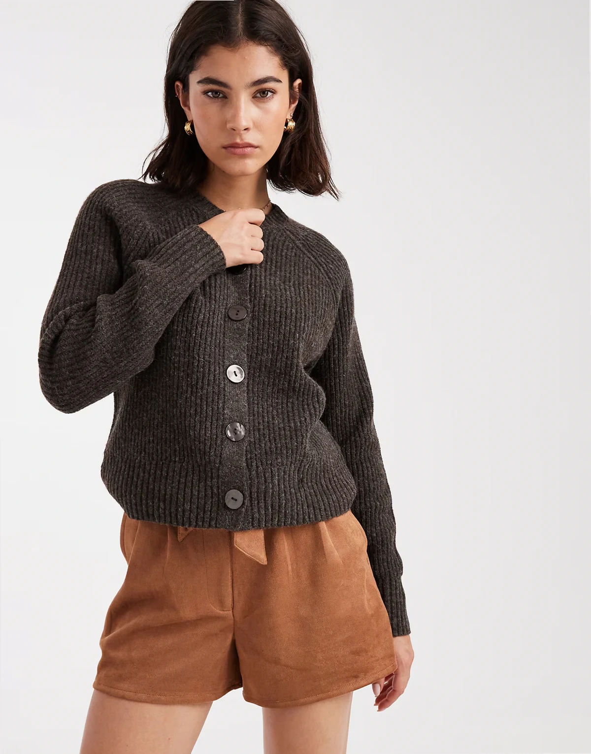 cardigan with contrast buttons in chocolate brown