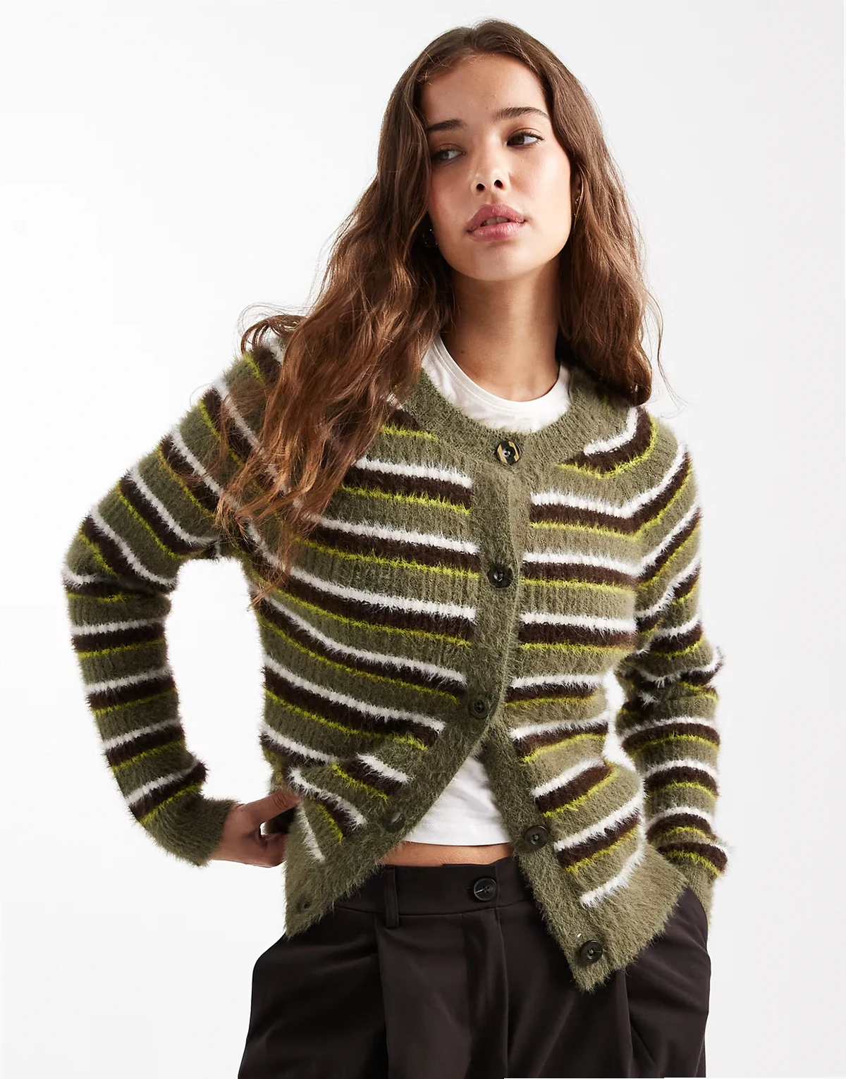 crew neck fluffy cardigan in green stripe