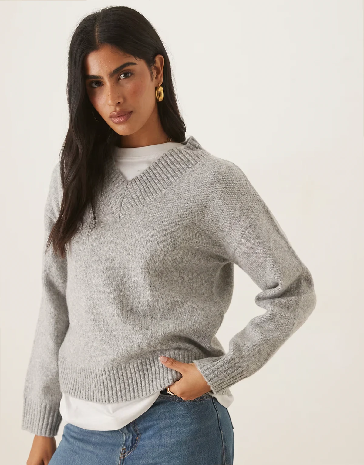 soft touch v neck sweater in light gray